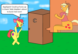 Size: 1584x1100 | Tagged: safe, artist:goofermutt, imported from derpibooru, apple bloom, applejack, anthro, earth pony, 1000 hours in ms paint, bow, crossed legs, desperation, implied pooping, need to pee, outhouse, potty time, sitting, sitting on toilet, toilet