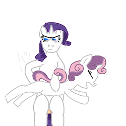 Size: 6000x6000 | Tagged: safe, imported from derpibooru, rarity, sweetie belle, pony, unicorn, 1000 hours in ms paint, abuse, angry, duo, duo female, eyes closed, female, over the knee, punishment, screaming, simple background, spanking, white background