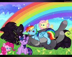 Size: 1624x1300 | Tagged: safe, artist:liannell, imported from derpibooru, fluttershy, pinkie pie, rainbow dash, twilight sparkle, oc, oc:grisial, alicorn, pony, plushie, rainbow, twilight sparkle (alicorn)