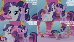 Size: 4400x2475 | Tagged: safe, edit, edited screencap, editor:quoterific, imported from derpibooru, screencap, rarity, spike, twilight sparkle, friendship is magic