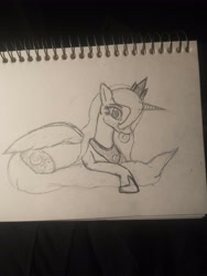 Size: 3456x4608 | Tagged: safe, artist:anonymous, princess luna, alicorn, pony, blushing, donut, female, food, lying down, mare, monochrome, mouth hold, simple background, smiling, traditional art