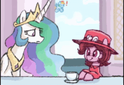 Size: 368x254 | Tagged: safe, artist:plunger, edit, princess celestia, rainbow dash, alicorn, earth pony, pegasus, pony, a horse of a different color, animated, clothes, clothes swap, cloud, color change, concerned, crown, cup, death of queen elizabeth ii, exclamation point, female, flying, food, hat, horn, jewelry, mare, music, peytral, ponified, queen elizabeth ii, regalia, sky, sound, tea, teacup, webm, window, wings