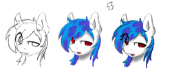 Size: 1392x606 | Tagged: safe, artist:zebra, dj pon-3, vinyl scratch, pony, unicorn, bust, eye clipping through hair, female, mare, missing horn, ms paint, open mouth, portrait, raised eyebrow, simple background, solo, white background