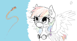 Size: 1262x676 | Tagged: safe, artist:zebra, rainbow dash, scootaloo, pegasus, pony, clothes, ear fluff, female, filly, flying, goggles, happy, mare, ms paint, open mouth, partial color, scootaloo can fly, sky, spread wings, uniform, wings, wonderbolts uniform