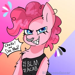 Size: 1640x1639 | Tagged: safe, artist:bluemoon, imported from twibooru, pinkie pie, earth pony, pony, acab, black lives matter, dialogue, female, image, mare, mouthpiece, needs more jpeg, nose piercing, nose ring, piercing, politics, solo