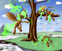 Size: 4000x3300 | Tagged: safe, artist:equie, artist:sapsan, imported from twibooru, oc, oc only, oc:equie, alicorn, pony, 2013, alicorn oc, calendar, cyrillic, female, flower, flying, folded wings, glasses, horn, image, magic, mare, multeity, needs more jpeg, one eye closed, png, snow, spread wings, spring, tree, wallpaper, wings, wink