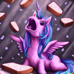 Size: 1024x1024 | Tagged: safe, imported from twibooru, amethyst star, sparkler, alicorn, pony, amecorn, amethyst yelling, bread, dall·e mini, female, food, image, machine learning generated, mare, png, race swap, sliced bread, solo, yelling at food