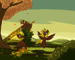 Size: 2846x2277 | Tagged: safe, artist:equie, artist:sapsan, edit, imported from twibooru, oc, oc only, oc:equie, alicorn, pony, alicorn oc, autumn, dialogue, female, folded wings, horn, image, looking at you, magic, mare, multeity, open mouth, png, spread wings, wings