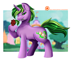 Size: 3569x3041 | Tagged: safe, artist:pridark, imported from derpibooru, spike, pony, unicorn, flower, flower in mouth, male, mouth hold, one eye closed, patreon, patreon logo, patreon reward, ponified, ponified spike, rose, rose in mouth, solo, species swap, url