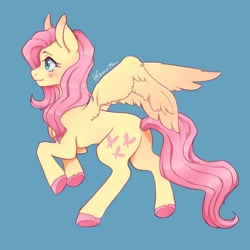 Size: 1319x1319 | Tagged: safe, artist:grumpimoon, imported from derpibooru, fluttershy, pegasus, pony, blue background, blushing, colored hooves, cute, ear blush, female, looking sideways, mare, profile, shyabetes, simple background, smiling, solo, spread wings, unshorn fetlocks, wings