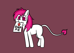 Size: 997x713 | Tagged: safe, artist:pillow, imported from derpibooru, oc, oc only, oc:suki, pony, succubus, succubus pony, boop request, cute, devil tail, eye clipping through hair, female, heart eyes, looking at you, mare, mouth hold, sign, simple background, solo, spade tail, tail, wingding eyes