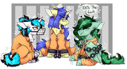 Size: 2773x1525 | Tagged: safe, artist:heart-sketch, artist:heartsketch1, imported from derpibooru, oc, oc only, oc:eden shallowleaf, oc:flawless ice, oc:logical leap, pegasus, pony, unicorn, amputee, bound wings, chains, chest fluff, clothes, cuffed, eye clipping through hair, female, glasses, grumpy, horn, jumpsuit, mare, muzzle, never doubt rainbowdash69's involvement, pegasus oc, prison outfit, prisoner, prosthetic limb, prosthetics, robotic legs, round glasses, sad, shackles, trio, unicorn oc, wings