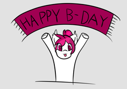 Size: 967x681 | Tagged: safe, artist:pillow, imported from derpibooru, oc, oc only, oc:suki, pony, succubus, succubus pony, :3, birthday, eye clipping through hair, female, happy birthday, heart eyes, hooves in air, looking at you, mare, simple background, solo, text, tongue out, underhoof, wingding eyes