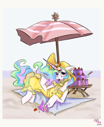 Size: 1129x1379 | Tagged: safe, artist:lytlethelemur, imported from derpibooru, princess celestia, alicorn, pony, beach, beach towel, cake, cakelestia, clothes, dress, female, food, frown, mare, one eye closed, open mouth, scroll, solo, sundress, umbrella
