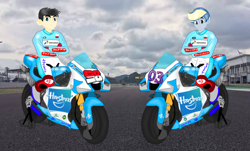 Size: 688x416 | Tagged: safe, artist:aryatheeditor, artist:mazakbar567, imported from derpibooru, oc, oc only, oc:rabkazam flash, oc:velodash, human, equestria girls, clothes, hasbro, hasbro logo, jacket, logo, motogp, motorcycle, motorsport, race, racing, racing suit, sitting