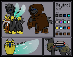 Size: 3526x2790 | Tagged: safe, imported from derpibooru, oc, oc only, oc:peytral, changeling, armor, augmented, changeling oc, cloak, clothes, cybernetic wings, fantasy class, force field, knight, nighthaze, nonbinary, paladin, reference sheet, royal guard armor, shield, warrior, wings