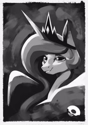 Size: 2100x3000 | Tagged: safe, artist:poxy_boxy, imported from derpibooru, princess celestia, alicorn, pony, black and white, bust, crown, eyebrows, female, grayscale, grin, high res, jewelry, mare, monochrome, regalia, signature, smiling, solo