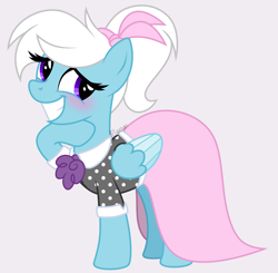 Size: 3300x3240 | Tagged: safe, artist:feather_bloom, imported from derpibooru, oc, oc:feather_bloom, pegasus, pony, blushing, clothes, dress, embarrassed, hair ribbon, ponytail, pose, ribbon, simple background, smiling, solo