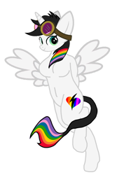 Size: 904x1280 | Tagged: artist needed, source needed, safe, imported from derpibooru, oc, oc:lightning bliss, alicorn, anthro, unguligrade anthro, breasts, featureless breasts, female, goggles on head, rainbow tail, simple background, solo, tail, transparent background