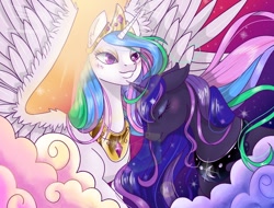 Size: 1024x778 | Tagged: safe, artist:phoenixfox96, imported from derpibooru, princess celestia, princess luna, alicorn, pony, blushing, duo, eyes closed, female, mare, royal sisters, siblings, sisters, smiling, spread wings, wings