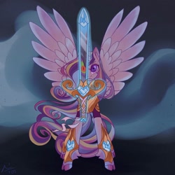 Size: 2000x2000 | Tagged: safe, artist:creeate97, imported from derpibooru, king sombra, princess cadance, alicorn, pony, unicorn, armor, cloven hooves, levitation, magic, offscreen character, reflection, solo, sword, telekinesis, weapon