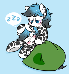 Size: 1110x1199 | Tagged: safe, artist:paperbagpony, imported from derpibooru, oc, oc only, oc:dapples, oc:dot, earth pony, pony, blanket, blushing, brothers, duo, eyes closed, lidded eyes, male, onomatopoeia, siblings, sleeping, sound effects, spots, stallion, twins, zzz