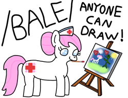 Size: 926x712 | Tagged: artist needed, source needed, safe, imported from derpibooru, nurse redheart, oc, oc:anon, earth pony, human, pony, /bale/, canvas, drawing, female, heart, mare, mouth hold, paintbrush, painting, simple background, solo, text, white background