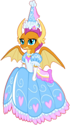 Size: 612x1083 | Tagged: safe, alternate version, artist:darlycatmake, imported from derpibooru, smolder, dragon, calm, clothes, cute, dragon wings, dragoness, dress, female, flower, flower in hair, froufrou glittery lacy outfit, gloves, happy, hat, hennin, jewelry, lidded eyes, long gloves, necklace, princess, princess smolder, relaxed, relaxed face, simple background, smiling, smirk, smolderbetes, solo, transparent background, wings