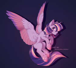 Size: 3000x2650 | Tagged: safe, artist:avroras_world, imported from derpibooru, twilight sparkle, alicorn, pony, chest fluff, colored wings, female, long tail, looking away, mare, multicolored hair, multicolored wings, rainbow power, short mane, simple background, solo, tail, twilight sparkle (alicorn), wings