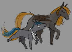 Size: 2900x2100 | Tagged: safe, artist:stray prey, imported from derpibooru, oc, oc only, oc:flare, oc:lucent, bat pony, pony, unicorn, bat pony oc, colt, eyes closed, female, gray background, horn, male, mare, mother and child, mother and son, simple background