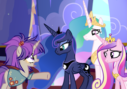 Size: 1243x874 | Tagged: safe, artist:kannakiller, imported from derpibooru, princess cadance, princess celestia, princess luna, oc, oc:princess lilac glow, alicorn, pony, base used, cape, castle, clothes, crown, digital art, flower, jewelry, looking at each other, looking at someone, pixel art, regalia, wings