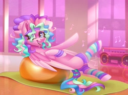Size: 4096x3033 | Tagged: safe, artist:irinamar, imported from derpibooru, oc, oc only, pegasus, pony, boombox, exercise ball, music notes, solo