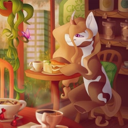 Size: 4096x4096 | Tagged: safe, artist:irinamar, imported from derpibooru, oc, oc only, pony, unicorn, cake, carrot, chair, cup, food, jar, solo, table, teacup