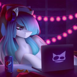 Size: 4096x4096 | Tagged: safe, artist:irinamar, imported from derpibooru, oc, oc only, pegasus, pony, computer, headphones, laptop computer, pepsi, soda, soda can, solo, string lights