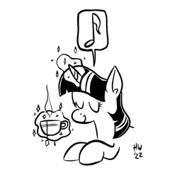 Size: 1280x1280 | Tagged: safe, artist:horsewizardart, imported from derpibooru, twilight sparkle, pony, unicorn, black and white, cup, eyes closed, female, glowing, glowing horn, grayscale, horn, levitation, magic, mare, monochrome, music notes, pictogram, simple background, smiling, solo, teabag, teacup, telekinesis, unicorn twilight, white background