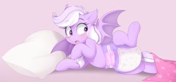 Size: 1400x653 | Tagged: safe, artist:shuphle, imported from derpibooru, oc, oc only, oc:sapphire sunset, bat pony, pony, bat pony oc, diaper, diaper fetish, female, fetish, mare, non-baby in diaper, solo