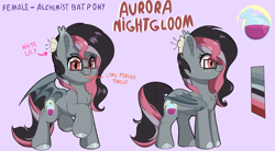 Size: 2758x1525 | Tagged: safe, artist:joaothejohn, imported from derpibooru, oc, oc only, oc:aurora nightgloom, bat pony, pony, bat pony oc, commission, cute, female, flower, forked tongue, glasses, mare, reference sheet, simple background, solo, text, tongue out, wings