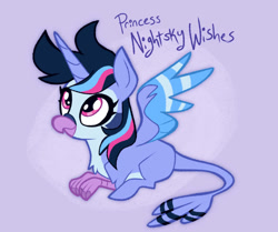 Size: 978x817 | Tagged: safe, artist:janegumball, imported from derpibooru, oc, oc:princess nightsky wishes, alicorn, bird, hybrid, pony, crossover, crossover ship offspring, feather, female, horn, interspecies offspring, name, offspring, parent:mordecai, parent:twilight sparkle, parents:mordetwi, purple background, regular show, simple background, tail, wings