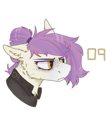 Size: 2000x2300 | Tagged: safe, artist:molars, imported from derpibooru, oc, oc only, oc:09, pegasus, pony, bun, bust, clothes, freckles, jumpsuit, portrait, purple mane, scar, simple background, solo, transparent background, yellow eyes