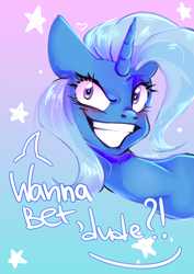 Size: 2150x3035 | Tagged: safe, artist:pozya1007, imported from derpibooru, trixie, pony, unicorn, bust, confident, female, grin, mare, raised eyebrow, simple background, smiling, smug, solo