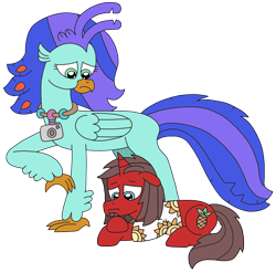 Size: 2673x2637 | Tagged: safe, artist:supahdonarudo, imported from derpibooru, oc, oc only, oc:ironyoshi, oc:sea lilly, classical hippogriff, hippogriff, unicorn, camera, clothes, jewelry, looking down, lying down, necklace, prone, sad, shirt, simple background, transparent background