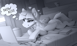 Size: 2340x1405 | Tagged: safe, artist:yakovlev-vad, imported from derpibooru, twilight sparkle, alicorn, pony, bed, bedroom eyes, book, computer, earbuds, female, folded wings, heart, horn, lacrimal caruncle, laptop computer, lying down, mare, monochrome, now kiss, on bed, pillow, prone, shipper on deck, slim, smiling, smirk, solo, sploot, sternocleidomastoid, thin, thought bubble, twilight sparkle (alicorn), twilight the shipper, wings