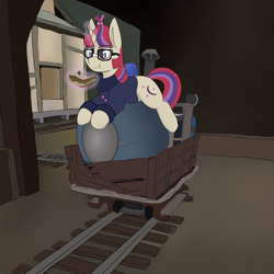 Size: 3800x3800 | Tagged: artist needed, safe, imported from derpibooru, moondancer, pony, unicorn, /mlp/ tf2 general, :t, cart, eating, food, lying down, magic, payload, prone, sandvich, sandwich, solo, team fortress 2, telekinesis, tunnel