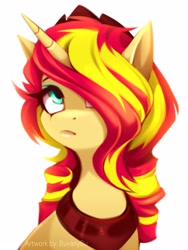 Size: 3072x4096 | Tagged: safe, artist:buvanybu, imported from derpibooru, sunset shimmer, pony, unicorn, equestria girls, bust, crown, hair over one eye, jewelry, peytral, regalia, simple background, solo, white background