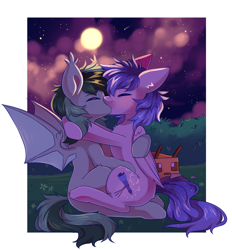 Size: 5172x5568 | Tagged: safe, artist:cheekipone, imported from derpibooru, oc, oc only, oc:scrimmy, oc:stargazermap, bat pony, bee, insect, pegasus, pony, bat pony oc, bat wings, complex background, cute, duo, duo male, ethereal mane, eyes closed, folded wings, gay, hug, kiss on the lips, kissing, male, night, pegasus oc, plushie, pony oc, spread wings, stallion, starry mane, starry tail, stars, tail, wings