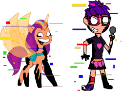 Size: 872x648 | Tagged: safe, artist:wonderwolf51, editor:wonderwolf51, imported from derpibooru, sunny starscout, alicorn, earth pony, human, pony, abby hatcher, corrupted, duo, error, friday night funkin', g5, glitch, logo, my little pony: a new generation, my little pony: tell your tale, nick jr., pibby, race swap, simple background, sunnycorn, transparent background