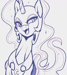 Size: 1159x1300 | Tagged: safe, artist:maren, imported from derpibooru, nightmare moon, alicorn, pony, 2021, doodle, fangs, female, helmet, jewelry, mare, monochrome, old art, open mouth, peytral, regalia, smiling, smirk, solo