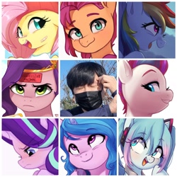 Size: 1920x1920 | Tagged: safe, artist:maren, imported from derpibooru, fluttershy, izzy moonbow, pipp petals, rainbow dash, starlight glimmer, sunny starscout, zipp storm, earth pony, human, pegasus, pony, unicorn, 2021, art vs artist, bust, g5, hatsune miku, old art, ponified, portrait, vocaloid