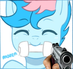 Size: 1600x1512 | Tagged: safe, artist:maren, imported from derpibooru, oc, oc only, oc:blue chewings, earth pony, pony, 2021, ^^, eyes closed, gun, looking at you, meme, old art, simple background, solo, weapon, white background