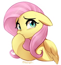 Size: 1229x1318 | Tagged: safe, artist:maren, imported from derpibooru, fluttershy, pegasus, pony, aside glance, bust, female, floppy ears, hoof over mouth, looking at you, mare, nervous, simple background, solo, sweat, sweatdrops, white background, wings